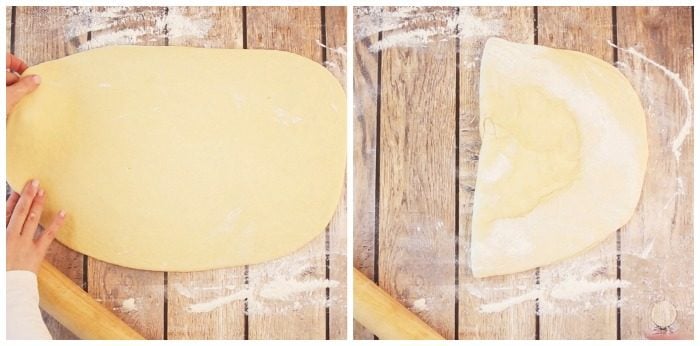 Side by side images of rolled out roll dough and folding it in half