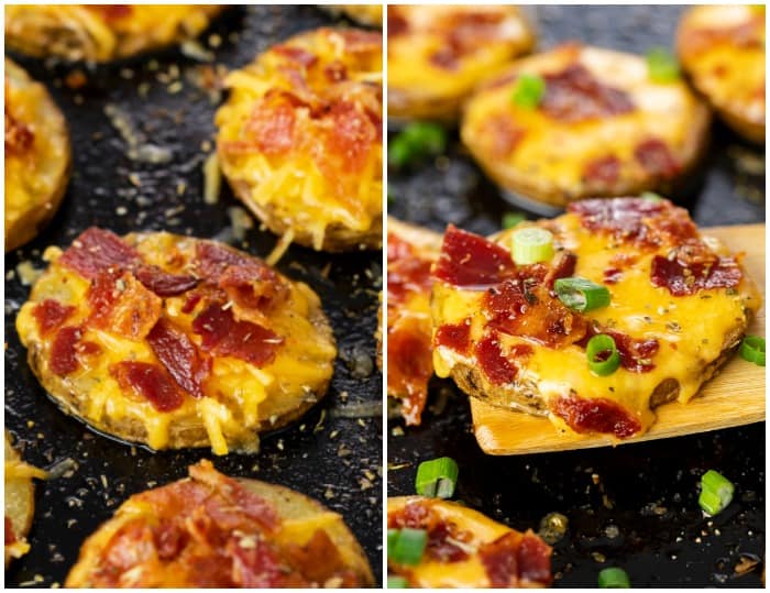 Baked potato slices on a baking sheet before and after being baked.