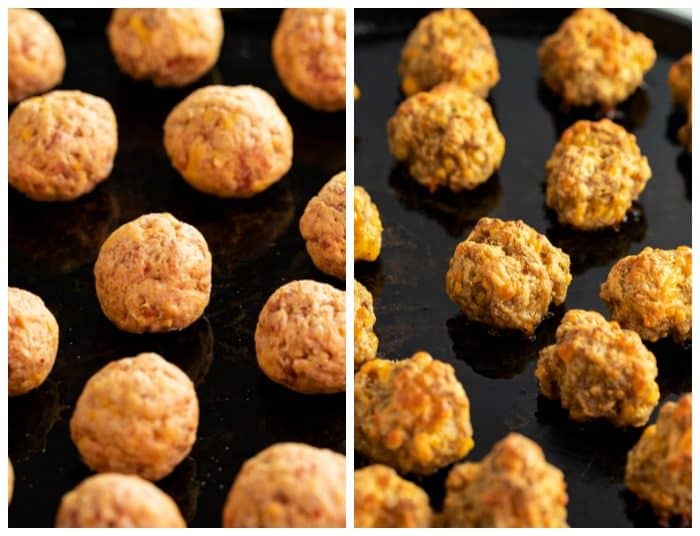 These spicy sausage balls come together with nothing more than cheddar, cream cheese, sausage, and bisquick! Make them ahead of time and keep them warm in the Crock Pot! #christmasappetizers #appetizerideas #fingerfood #newyearseverrecipes Side by side image of uncooked sausage bites and cooked sausage bites.