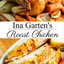 A collage of a roast chicken on a wooden board and cut into slices.