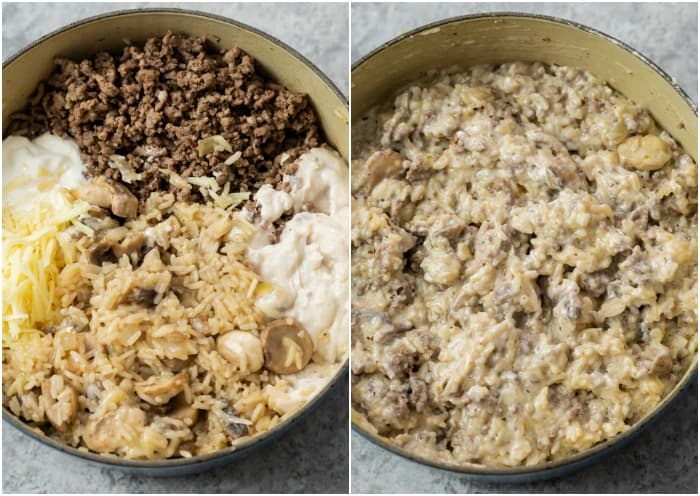 A pot showing the before and after shot of ingredients being mixed to make cheesy ground beef and rice casserole.