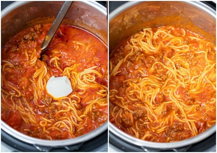 An Instant Pot filled with Spaghetti showing cream cheese being added and mixed in before serving.