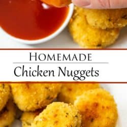 A collage of homemade chicken nuggets on a a plate and being dipped into sauce.