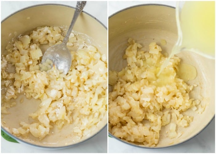 Diced onions tossed with flour with chicken broth being added.