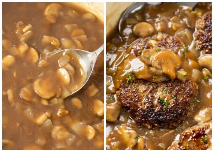 Adding Salisbury Steak to mushroom gravy in a skillet.