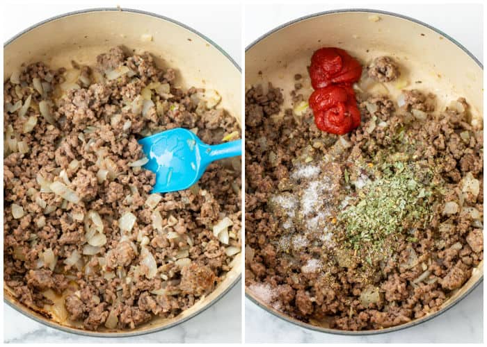 Cooking ground beef and sausage in a dutch oven and adding tomato paste and seasonings to make Lasagna Soup.
