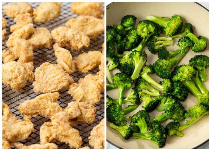Crispy Chicken next to Sautéed Broccoli for General Tso Chicken