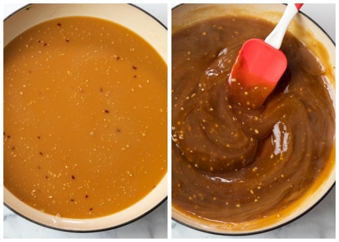 Sauce for General Tso Chicken before and after thickening.