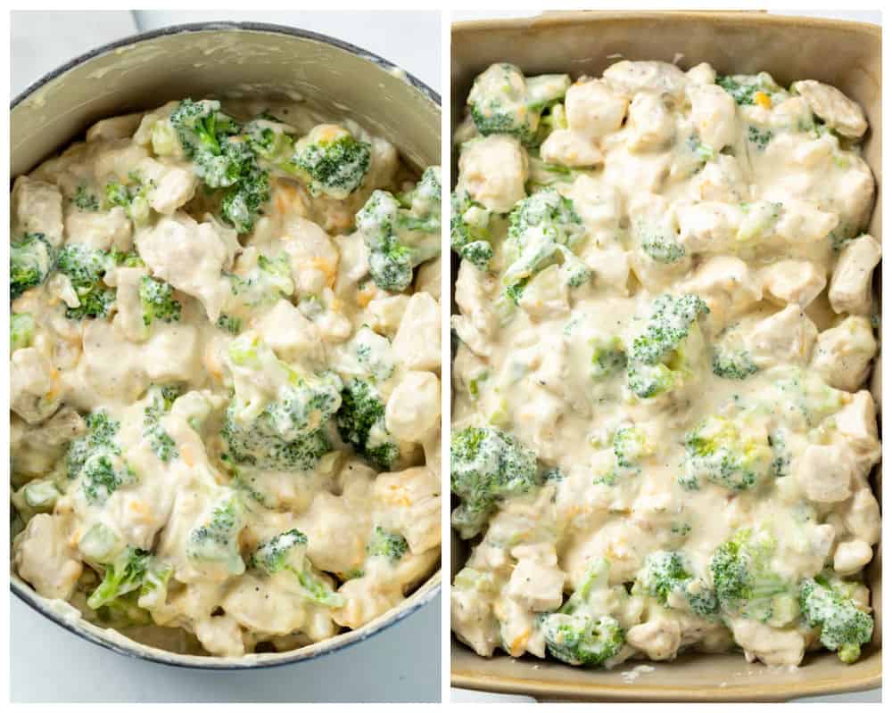 Creamy Chicken Divan in a dutch oven and a casserole dish before being baked.