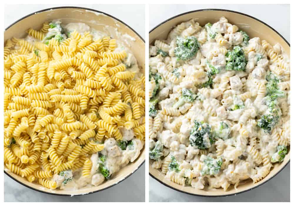 Adding rotini noodles to chicken and broccoli white sauce for chicken noodle casserole.