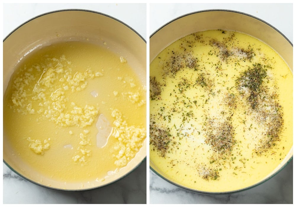 A pot with butter, garlic, broth, and seasonings to make broccoli pasta.