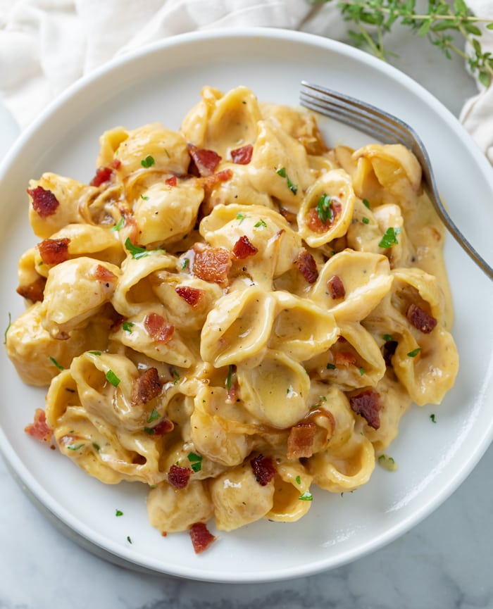 Overhead view of a white plate with Creamy Bacon Mac and Cheese with a fork.