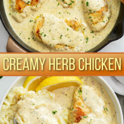 A collage of Herb Chicken in a skillet and on a white plate.