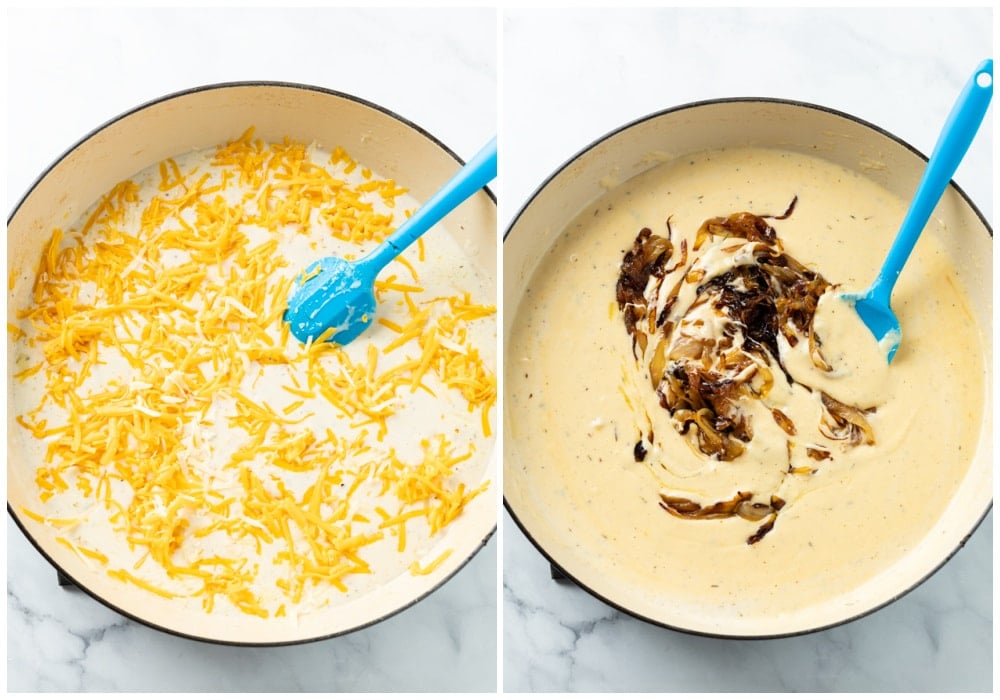 Adding shredded cheese and caramelized onions to mac and cheese sauce.