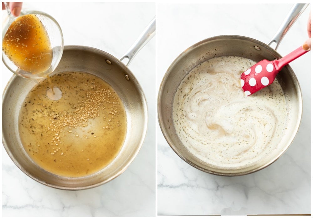 Adding broth, seasonings, and cream to a skillet to make cream sauce.
