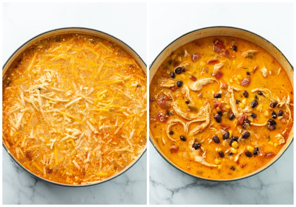 Adding cheese and combining with broth to make chicken enchilada soup.