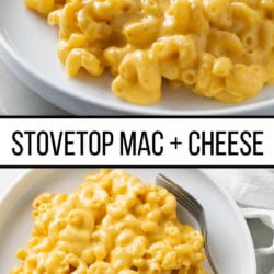 A collage of stovetop mac and cheese on a plate.