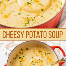 A collage of Cheesy Potato Soup in a Dutch Oven topped with chives and cheese.
