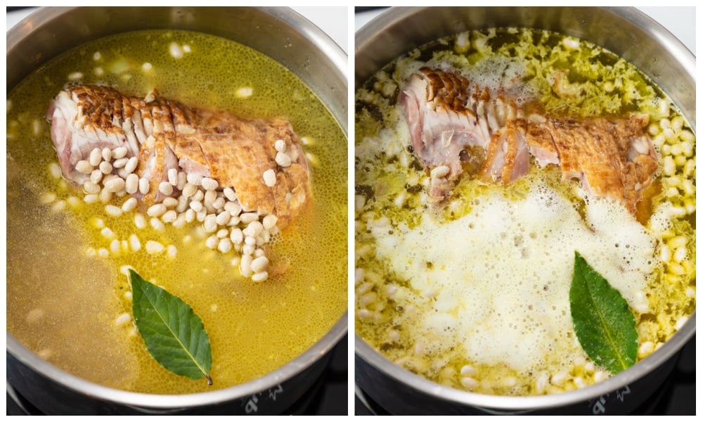 Adding a ham bone to ham and bean soup and bringing it to a boil.
