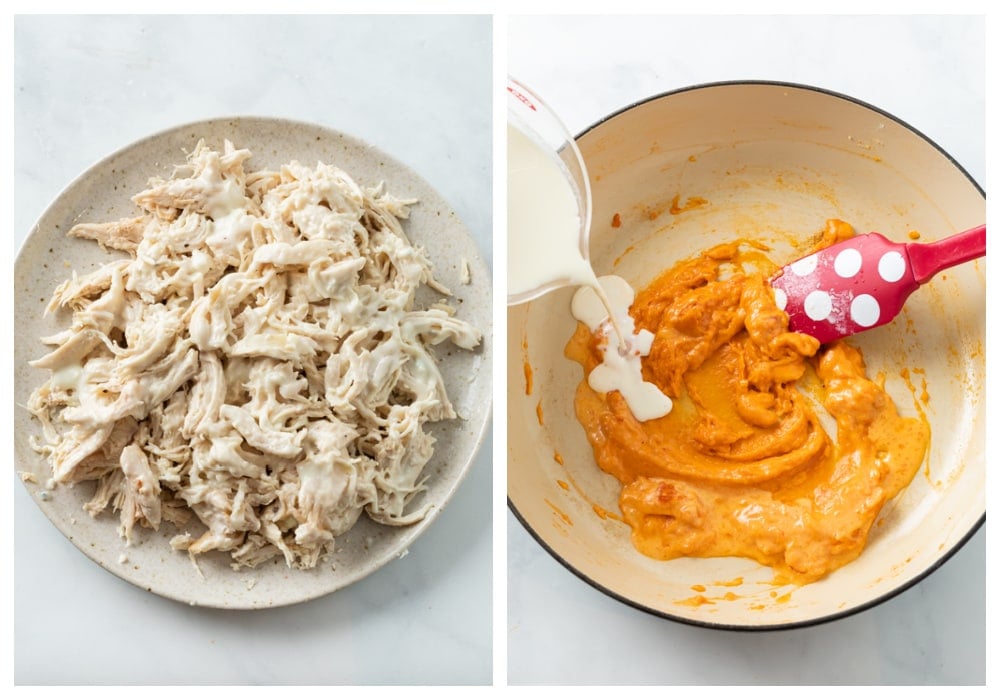 A plate of shredded chicken next to a pot of roux for buffalo chicken mac and cheese.