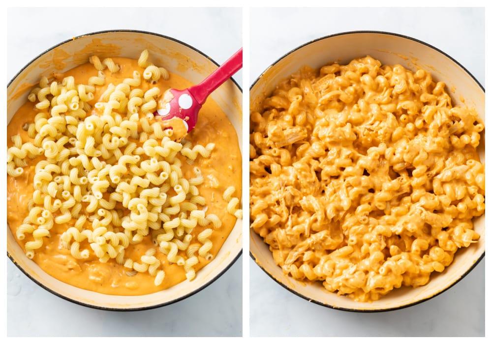 Adding cooked pasta to buffalo chicken cheese sauce.
