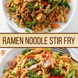 A collage of Ramen Noodle Stir fry on a white plate with colorful vegetables.