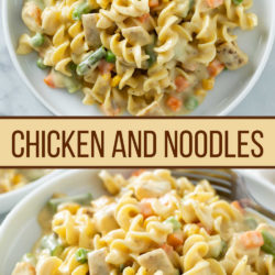 A collage of chicken and noodles on a white plate.