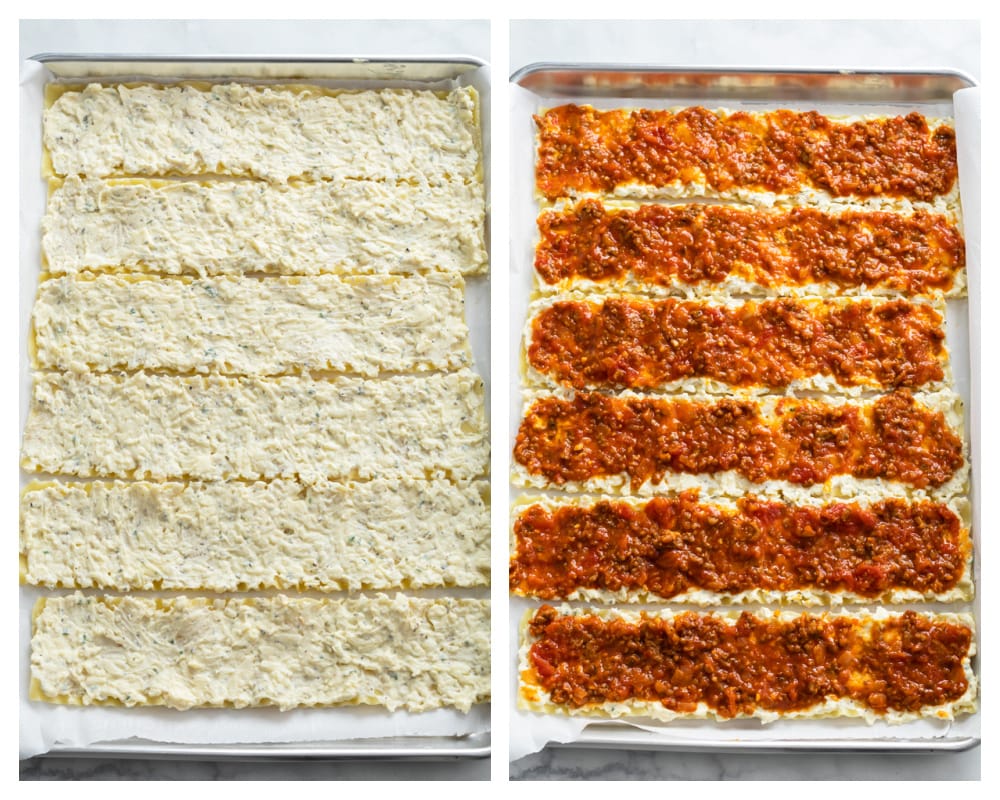Lasagna Roll Ups being topped with cheese filling and marinara meat sauce.