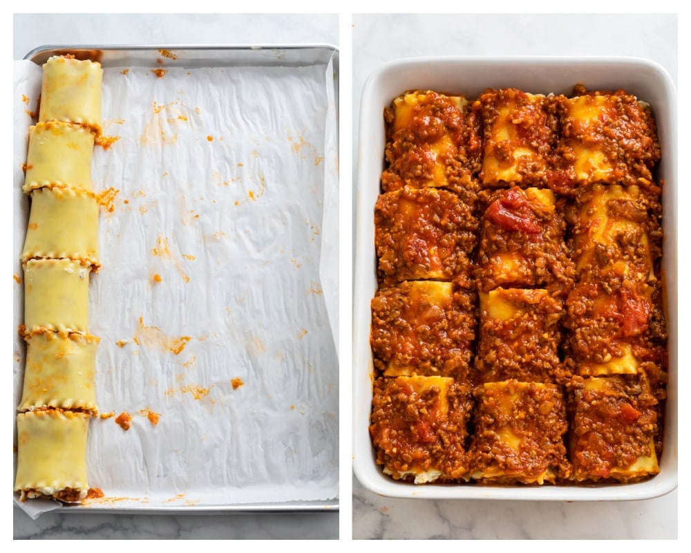 Lasagna Roll Ups being rolled and put in a casserole dish with meat sauce on top.