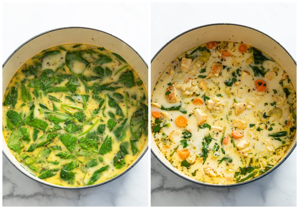 A soup pot with spinach being added to Lemon Chicken Orzo Soup.