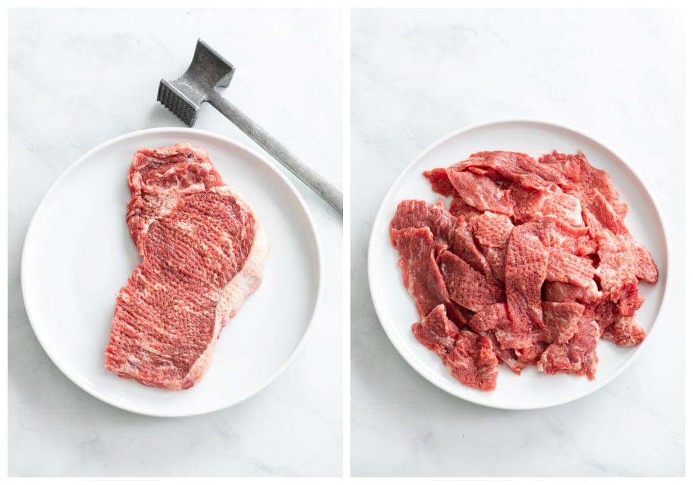 A strip steak before being sliced into strips for Beef and Broccoli.