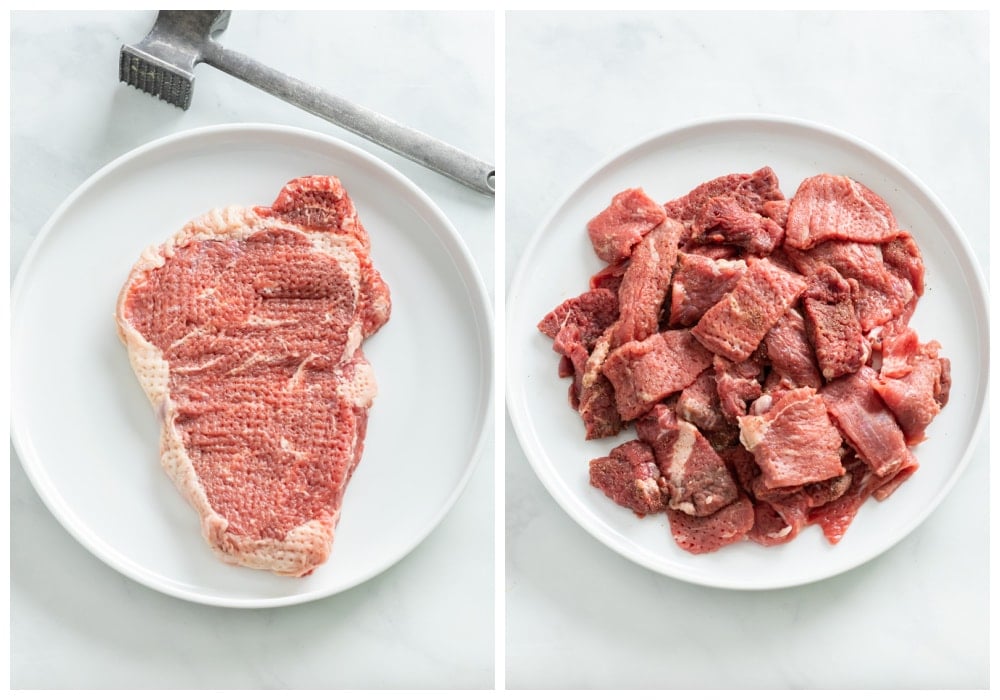 Strip steak on a plate after being tenderized and thinly sliced for Pepper Steak.