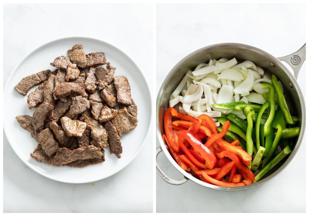 A plate of seared strips of steak next to a skillet with onions and bell peppers.