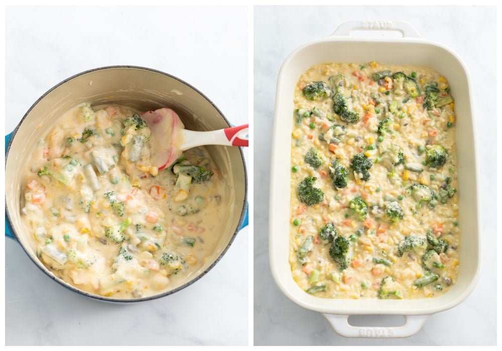 Filling for Vegetable Casserole in a pot and in a baking dish.