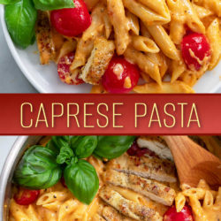 A skillet of Caprese Pasta on a plate and in a skillet.