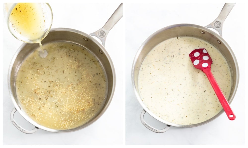 Making a Creamy Garlic Sauce with broth, garlic, seasonings, and cream.