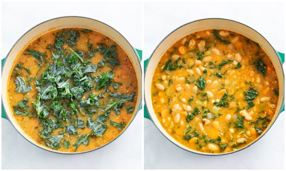Adding kale to a pot of White Bean Soup.