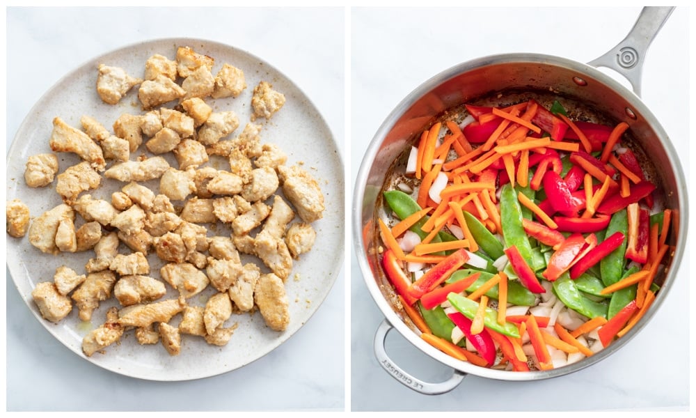 A plate of cooked chicken next to a skillet with mixed vegetables.