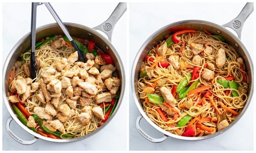 Adding chicken to a skillet of Chicken Lo Mein.