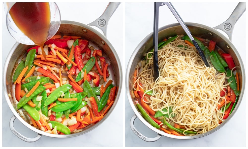 Adding sauce and lo mein to a skillet of vegetables for Chicken Lo Mein.