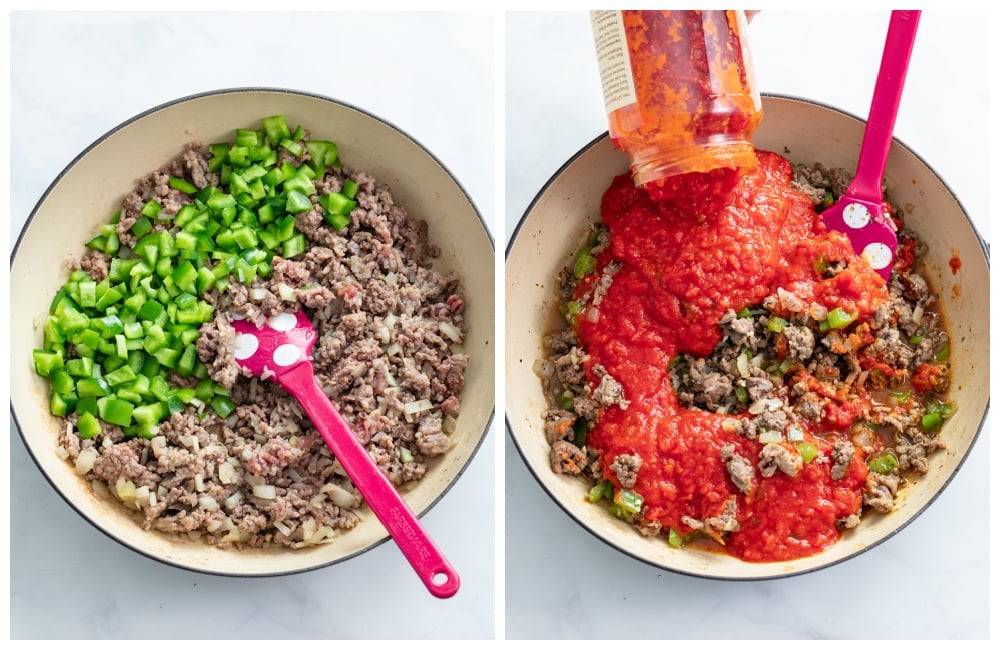 Ground beef and bell peppers in a skillet with marinara sauce being added.