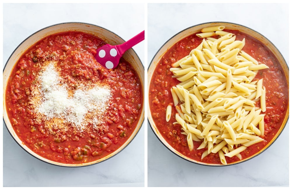 Adding Parmesan cheese and penne to a skillet of meat sauce.