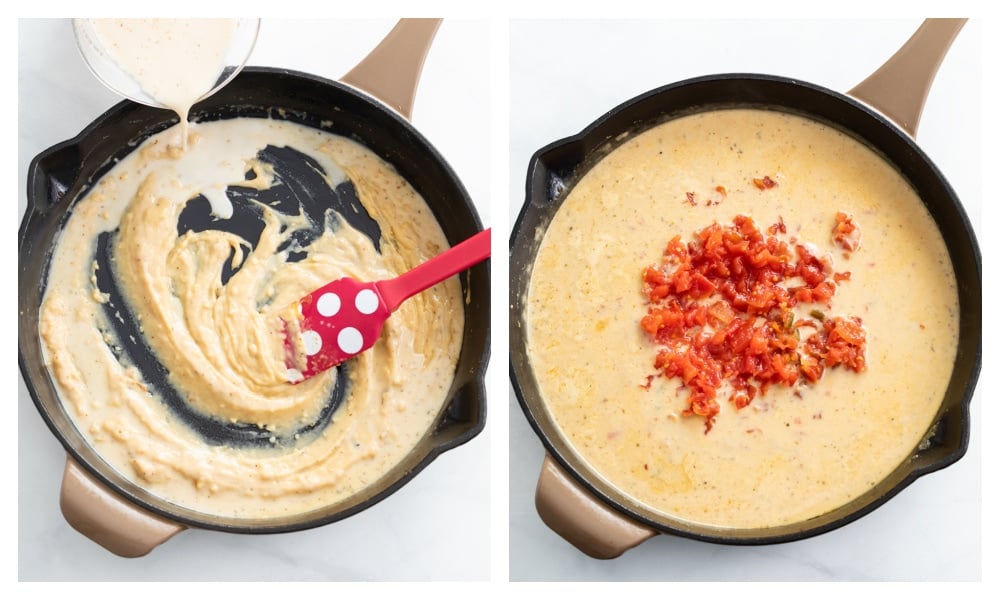 Making a Cajun sauce in a skillet by adding broth, cream, seasonings, and tomatoes.