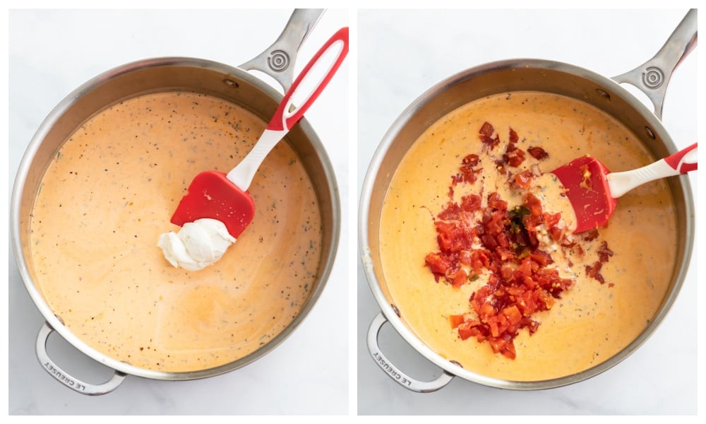 Adding cream cheese and diced tomatoes to a skillet of sauce.