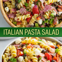 A collage of Italian Pasta Salad in a serving bowl and in a white bowl.