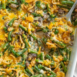 A labeled picture of Green Bean Casserole in a white baking dish.