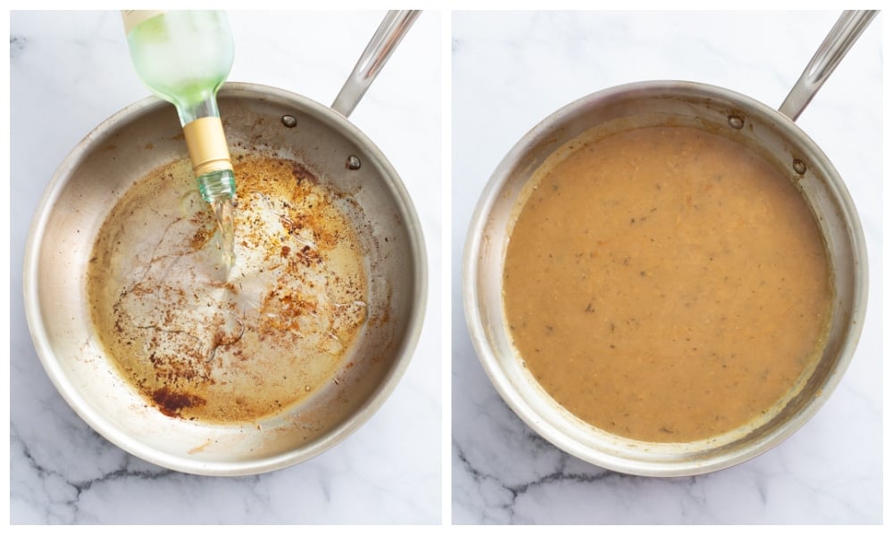 A skillet being deglazed with white wine next to a skillet with sauce for pork chops.