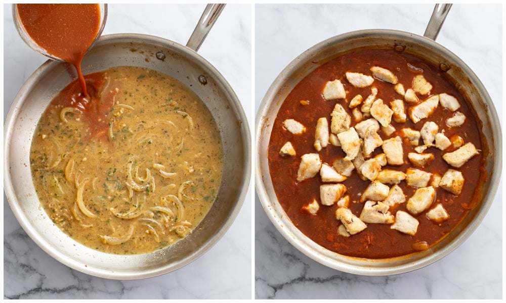 Adding tomato sauce and chicken to a skillet of scallopini sauce.