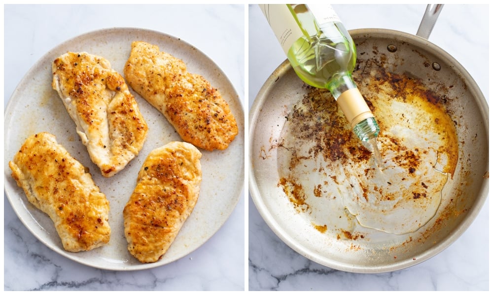 Cooked chicken on a plate next to a skillet being deglazed with white wine.