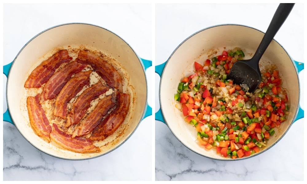 A soup pot with cooked bacon next to a soup pot with cooked onions, peppers, and garlic.